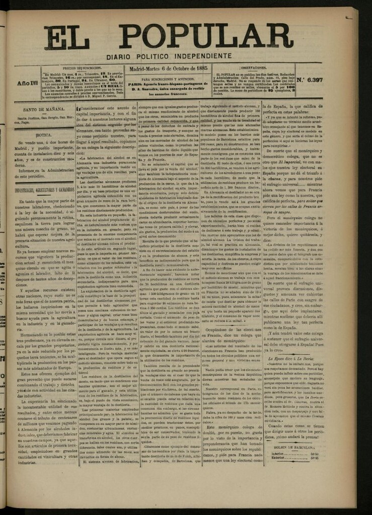 Miniatura de El Popular: diario independiente, político, literario y de noticias de interés general del 6 de octubre de 1885, nº 6397