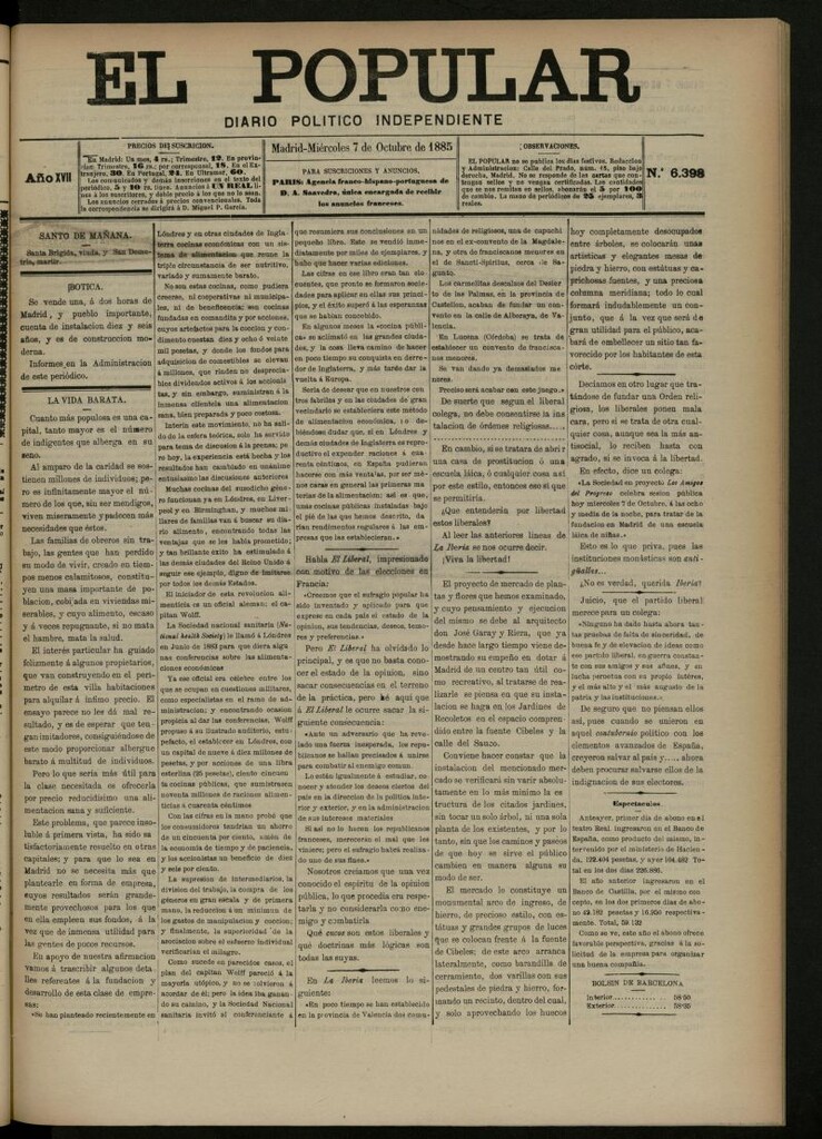 Miniatura de El Popular: diario independiente, político, literario y de noticias de interés general del 7 de octubre de 1885, nº 6398