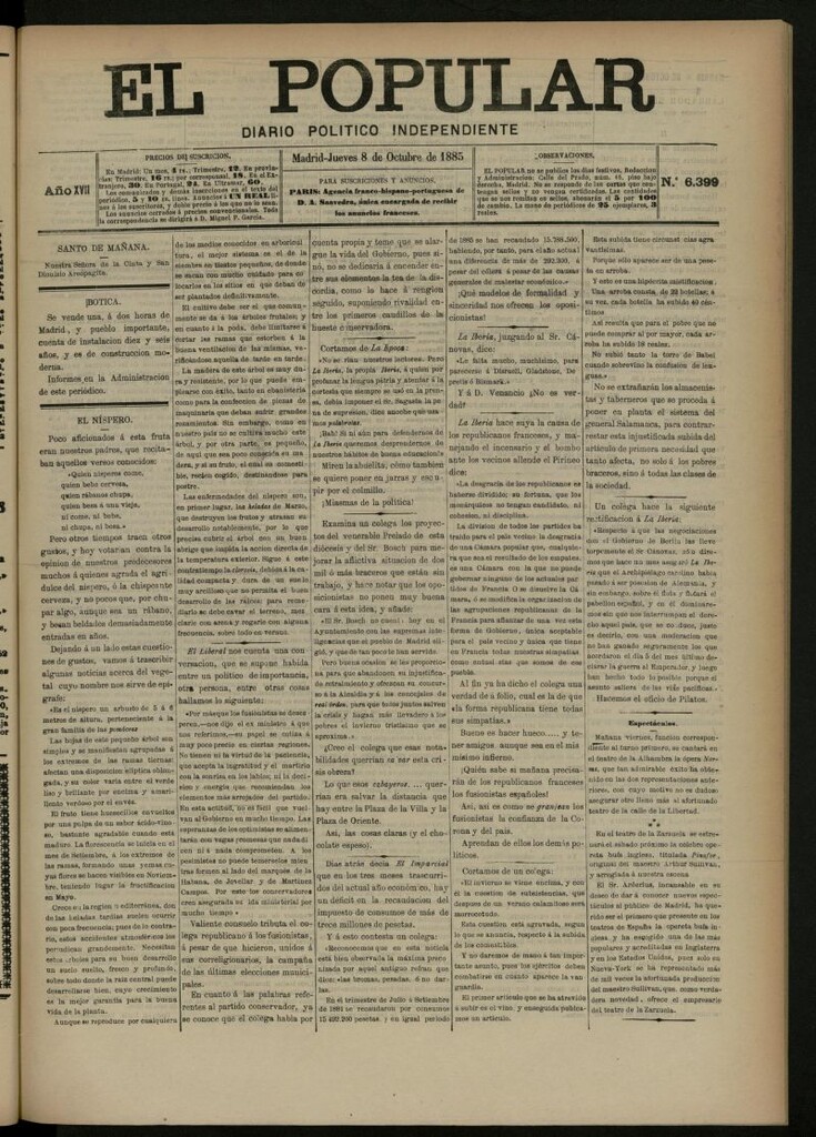 Miniatura de El Popular: diario independiente, político, literario y de noticias de interés general del 8 de octubre de 1885, nº 6399