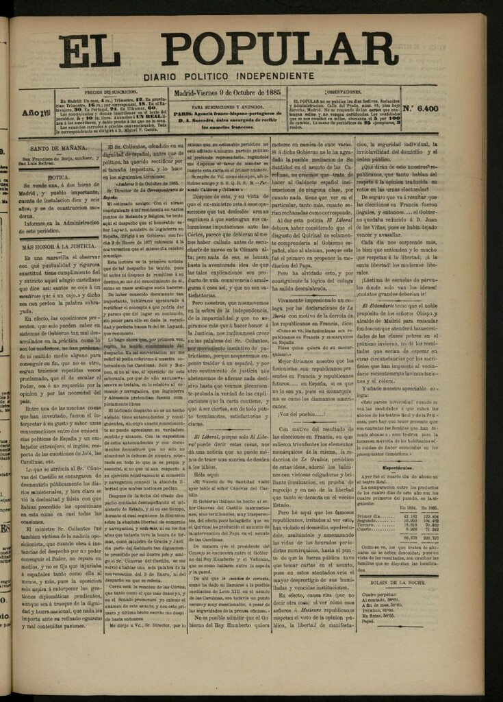 Miniatura de El Popular: diario independiente, político, literario y de noticias de interés general del 9 de octubre de 1885, nº 6400
