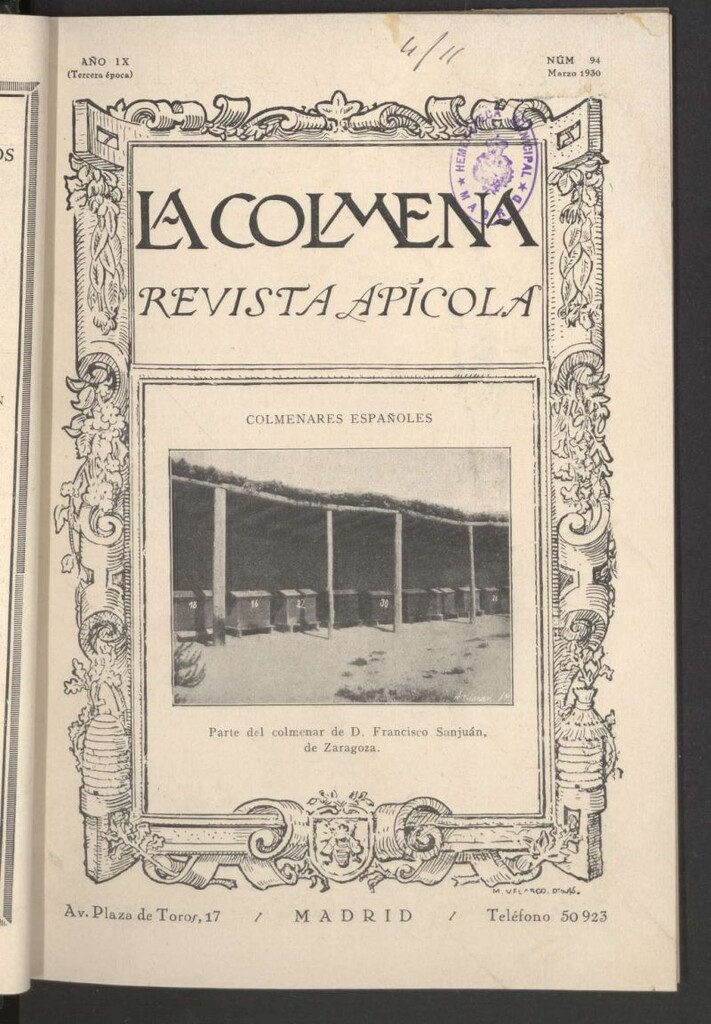 Miniatura de La Colmena : órgano de la Federación de Apicultores españoles establecida en la sección de apicultura de la Confederación Nacional Católico-Agraria. Nº 94