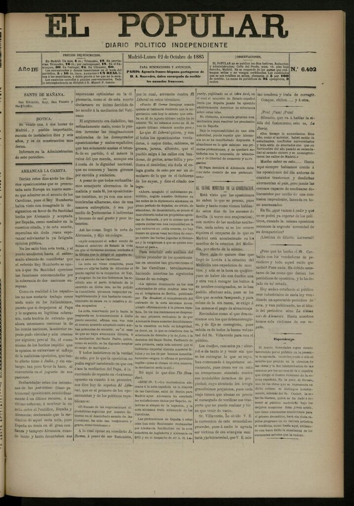 Miniatura de El Popular: diario independiente, político, literario y de noticias de interés general del 12 de octubre de 1885, nº 6402