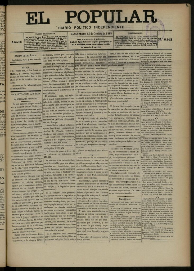 Miniatura de El Popular: diario independiente, político, literario y de noticias de interés general del 13 de octubre de 1885, nº 6403