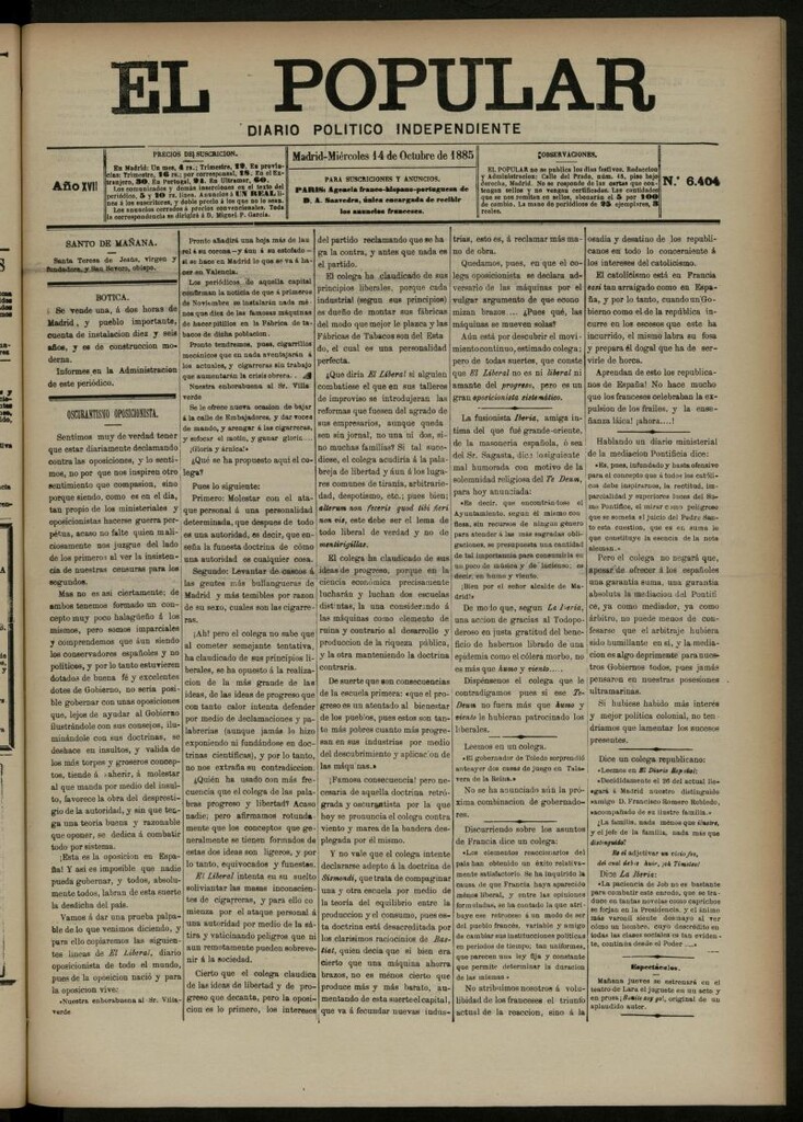 Miniatura de El Popular: diario independiente, político, literario y de noticias de interés general del 14 de octubre de 1885, nº 6404