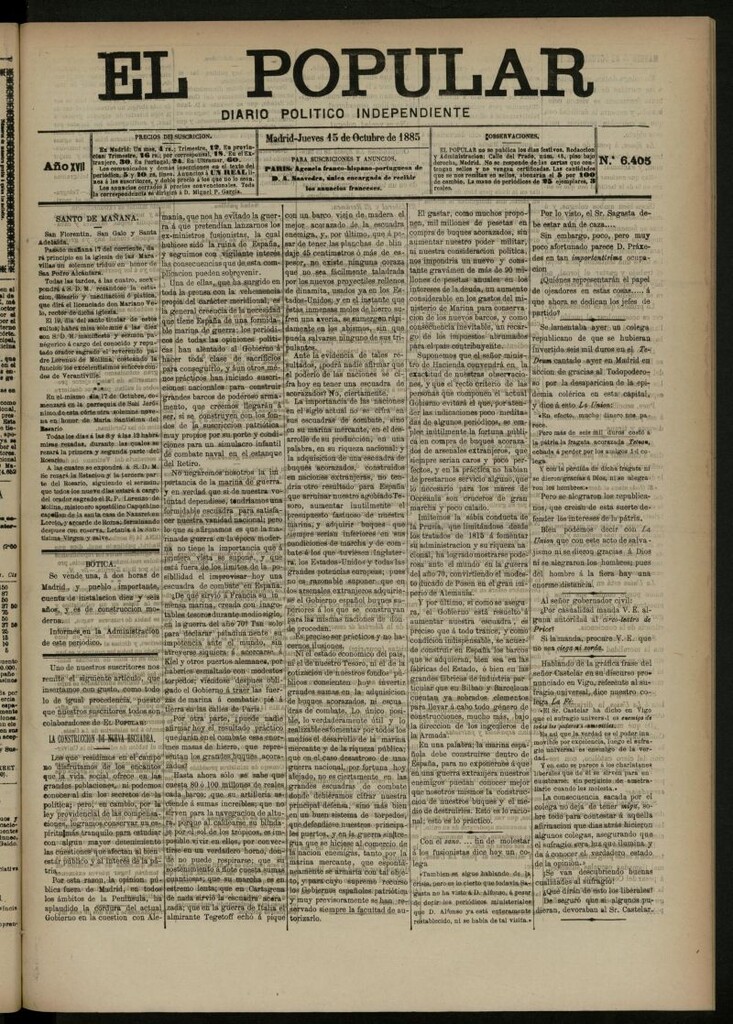 Miniatura de El Popular: diario independiente, político, literario y de noticias de interés general del 15 de octubre de 1885, nº 6405