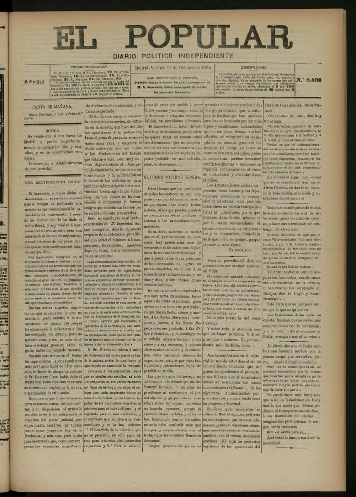 Miniatura de El Popular: diario independiente, político, literario y de noticias de interés general del 16 de octubre de 1885, nº 6406