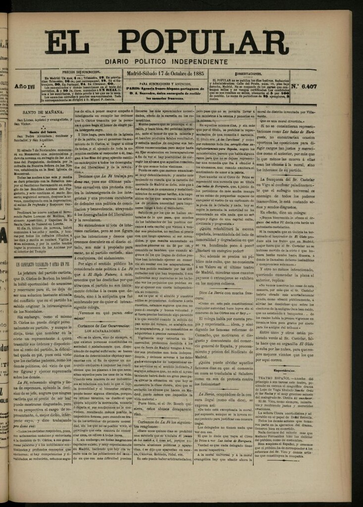Miniatura de El Popular: diario independiente, político, literario y de noticias de interés general del 17 de octubre de 1885, nº 6407