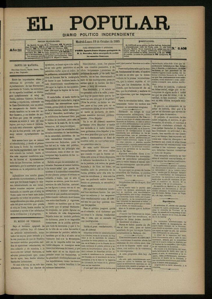 Miniatura de El Popular: diario independiente, político, literario y de noticias de interés general del 19 de octubre de 1885, nº 6408