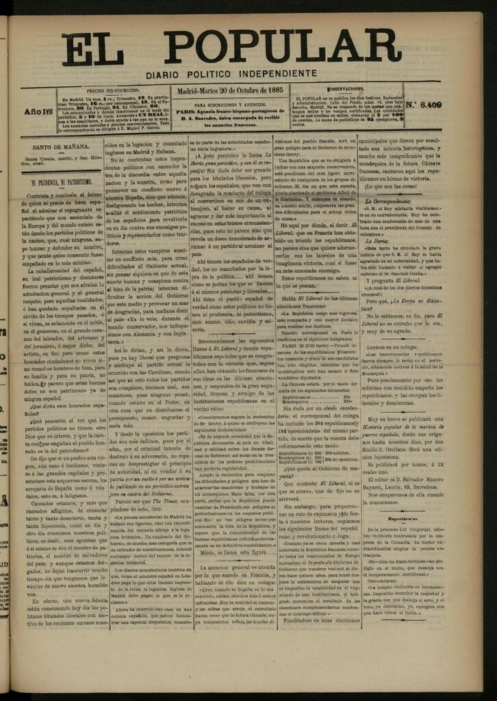 Miniatura de El Popular: diario independiente, político, literario y de noticias de interés general del 20 de octubre de 1885, nº 6409