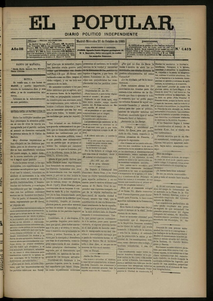 Miniatura de El Popular: diario independiente, político, literario y de noticias de interés general del 21 de octubre de 1885, nº 6410