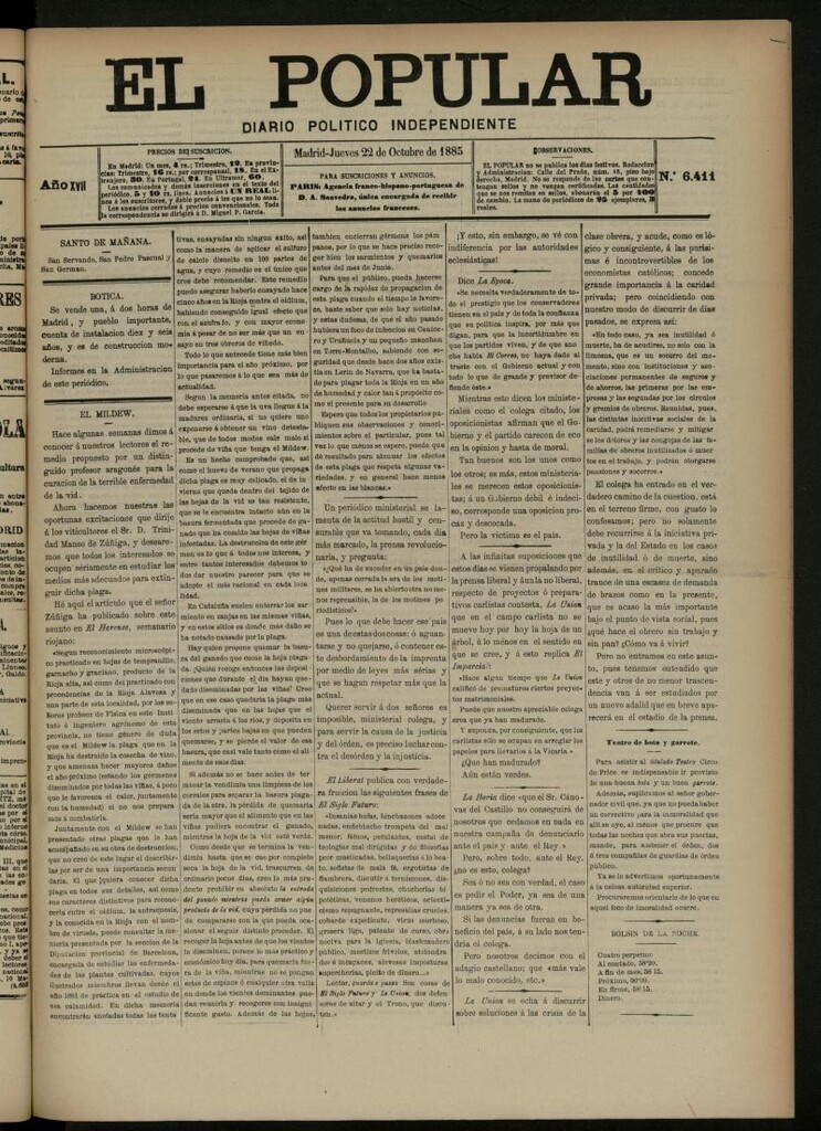 Miniatura de El Popular: diario independiente, político, literario y de noticias de interés general del 22 de octubre de 1885, nº 6411