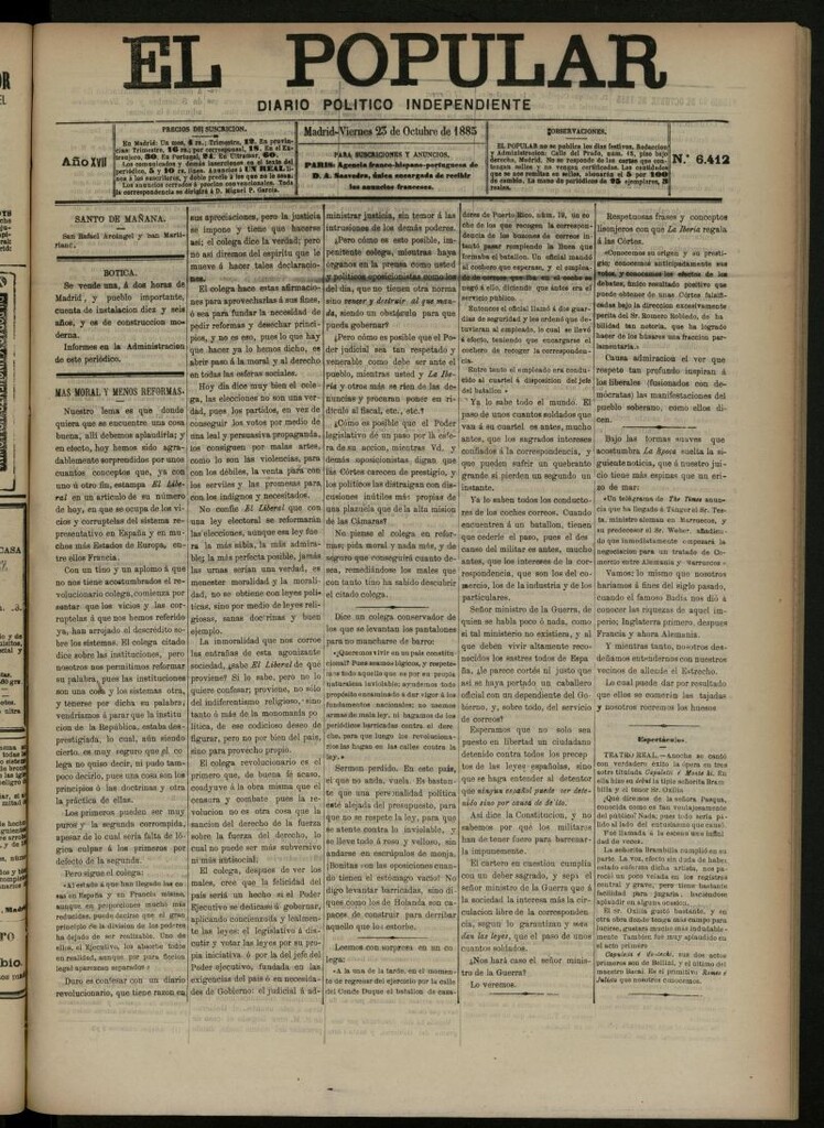 Miniatura de El Popular: diario independiente, político, literario y de noticias de interés general del 23 de octubre de 1885, nº 6412