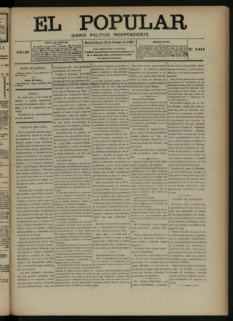 Miniatura de El Popular: diario independiente, político, literario y de noticias de interés general del 24 de octubre de 1885, nº 6413