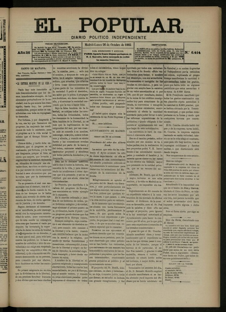Miniatura de El Popular: diario independiente, político, literario y de noticias de interés general del 26 de octubre de 1885, nº 6414