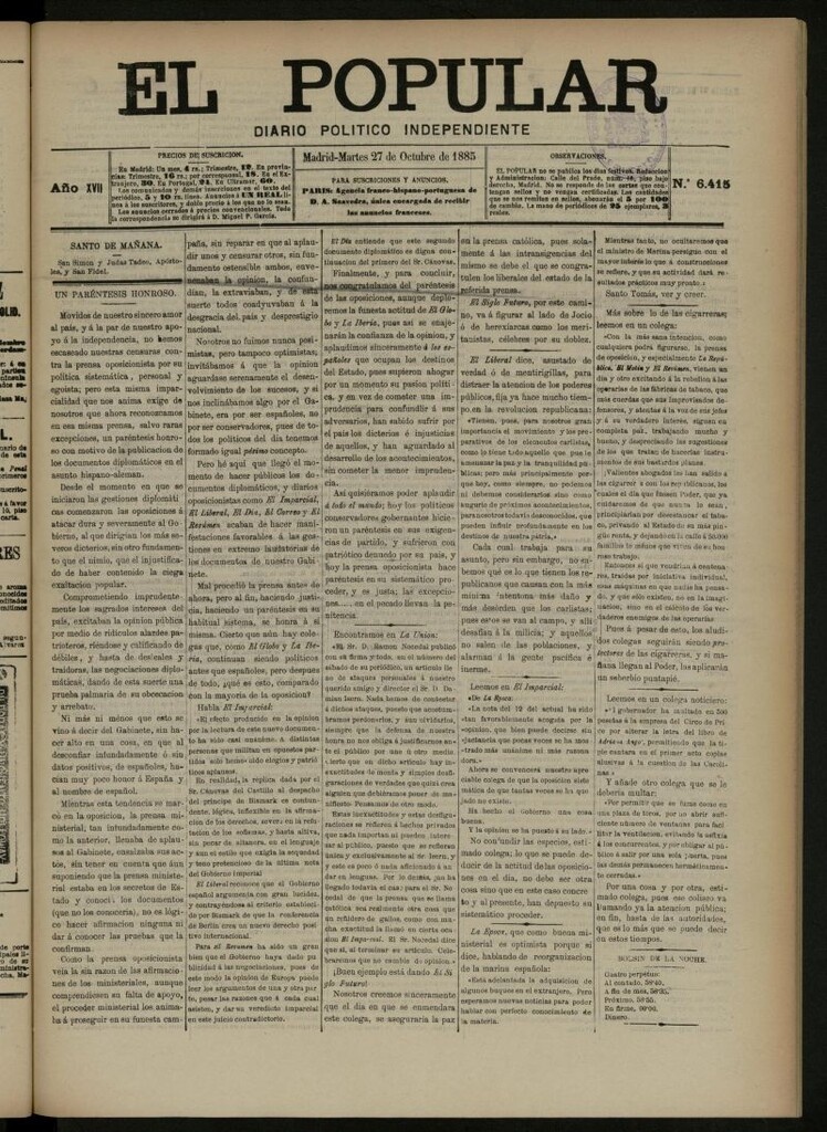 Miniatura de El Popular: diario independiente, político, literario y de noticias de interés general del 27 de octubre de 1885, nº 6415