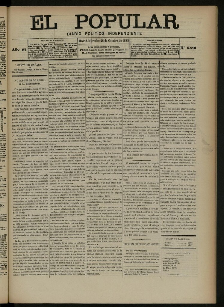 Miniatura de El Popular: diario independiente, político, literario y de noticias de interés general del 28 de octubre de 1885, nº 6416