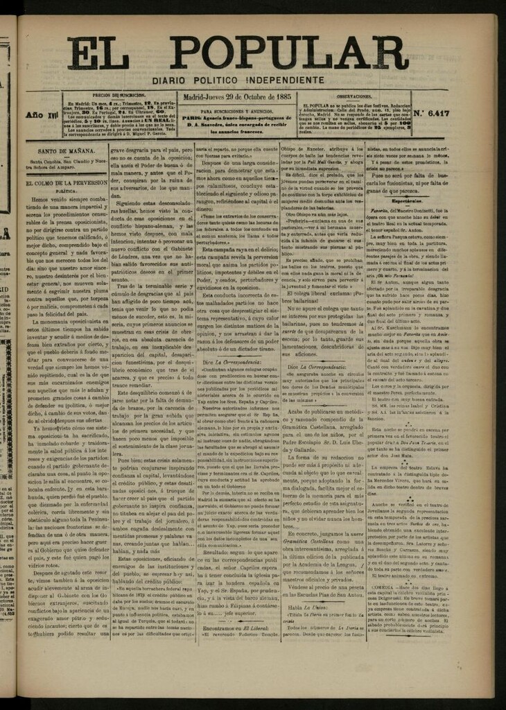 Miniatura de El Popular: diario independiente, político, literario y de noticias de interés general del 29 de octubre de 1885, nº 6417