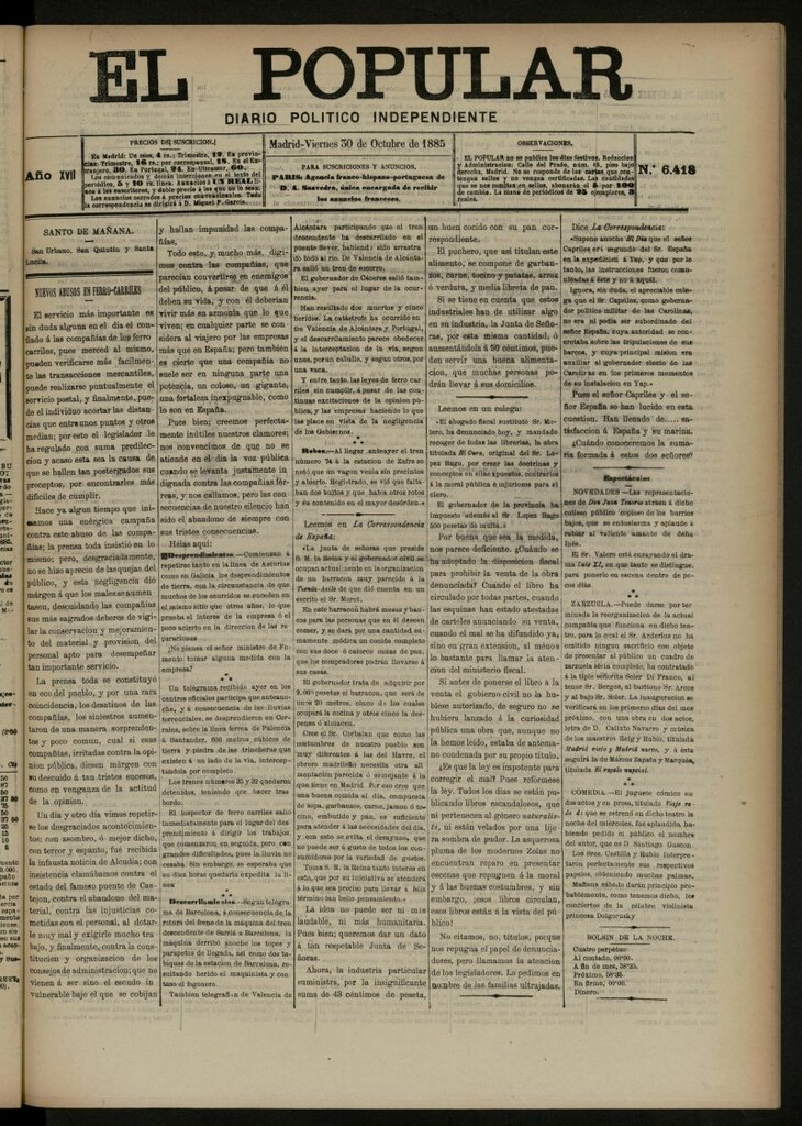 Miniatura de El Popular: diario independiente, político, literario y de noticias de interés general del 30 de octubre de 1885, nº 6418