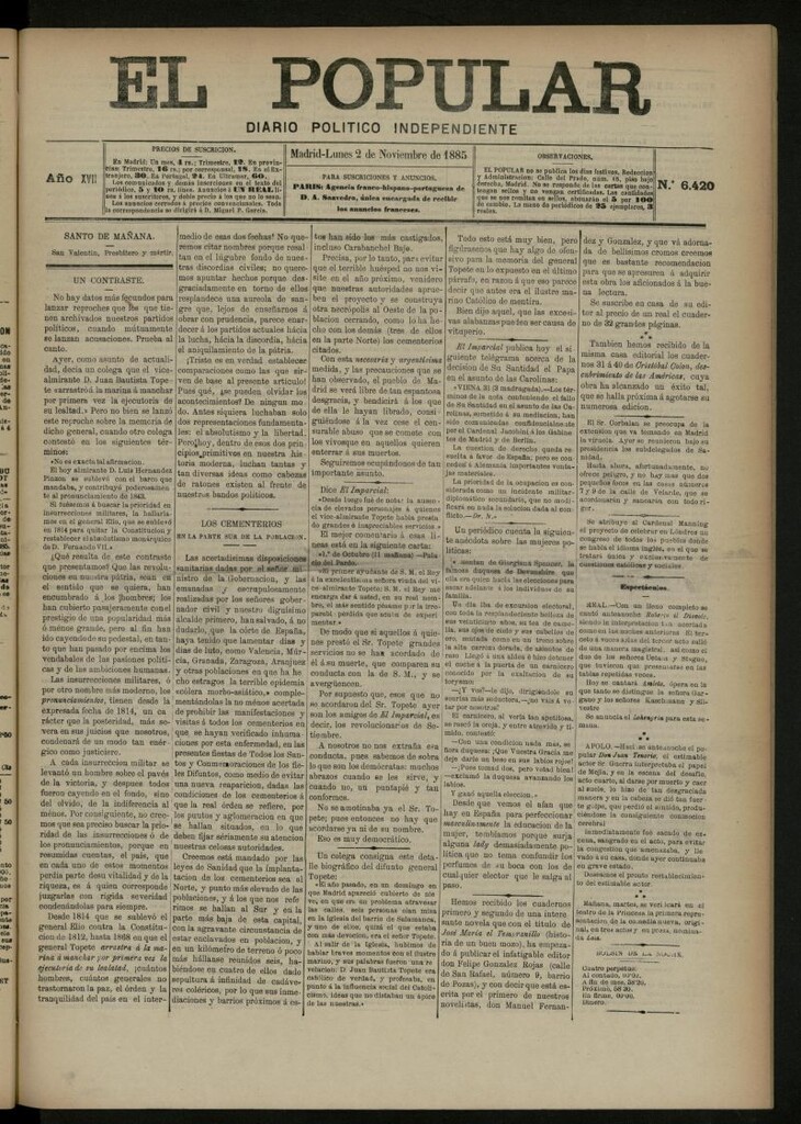 Miniatura de El Popular: diario independiente, político, literario y de noticias de interés general del 2 de noviembre de 1885, nº 6420