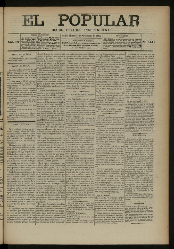 Miniatura de El Popular: diario independiente, político, literario y de noticias de interés general del 3 de noviembre de 1885, nº 6421