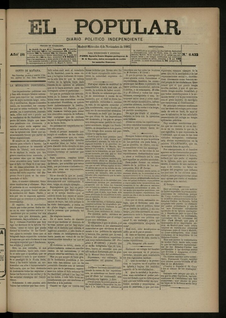 Miniatura de El Popular: diario independiente, político, literario y de noticias de interés general del 4 de noviembre de 1885, nº 6422