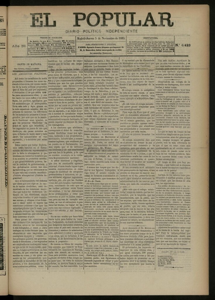 Miniatura de El Popular: diario independiente, político, literario y de noticias de interés general del 5 de noviembre de 1885, nº 6423