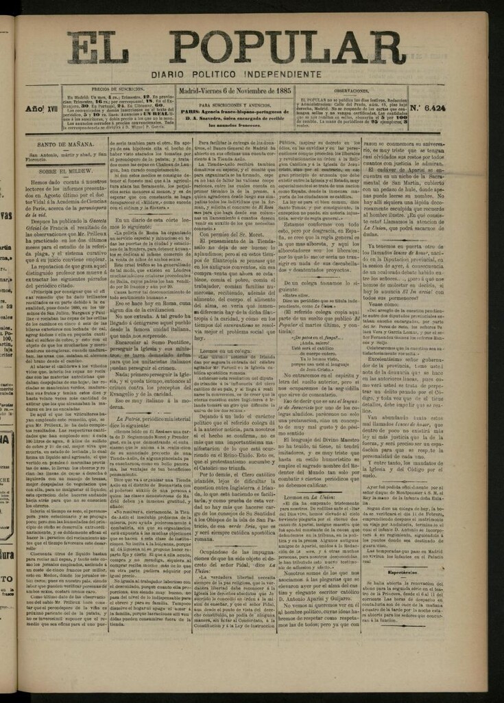 Miniatura de El Popular: diario independiente, político, literario y de noticias de interés general del 6 de noviembre de 1885, nº 6424