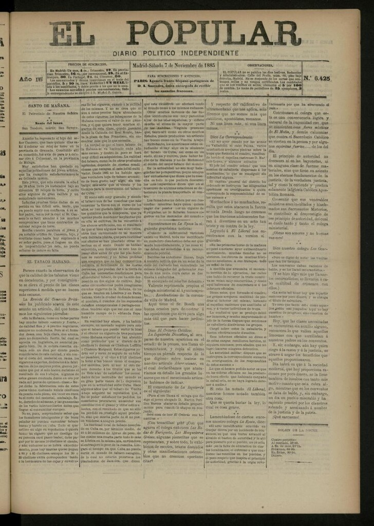 Miniatura de El Popular: diario independiente, político, literario y de noticias de interés general del 7 de noviembre de 1885, nº 6425