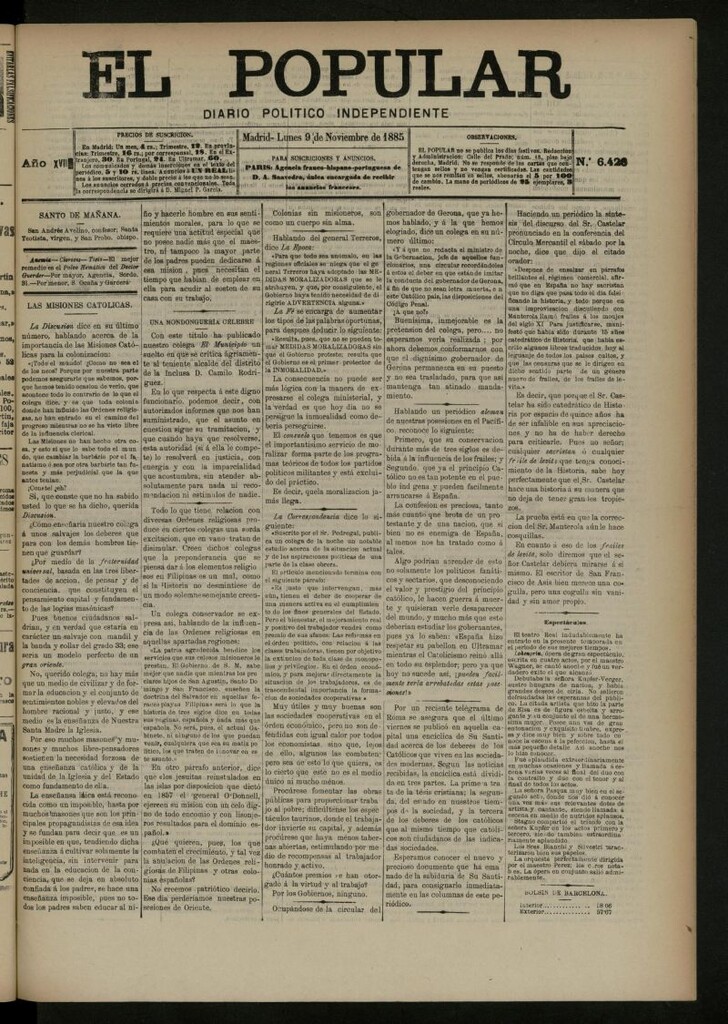 Miniatura de El Popular: diario independiente, político, literario y de noticias de interés general del 9 de noviembre de 1885, nº 6426