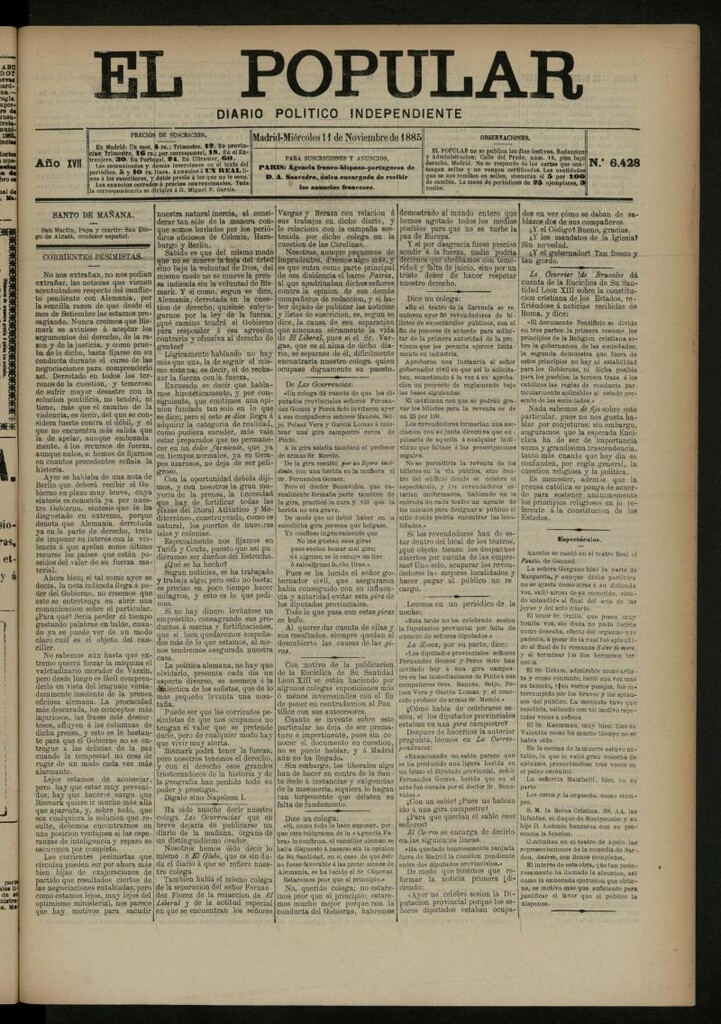 Miniatura de El Popular: diario independiente, político, literario y de noticias de interés general del 11 de noviembre de 1885, nº 6428