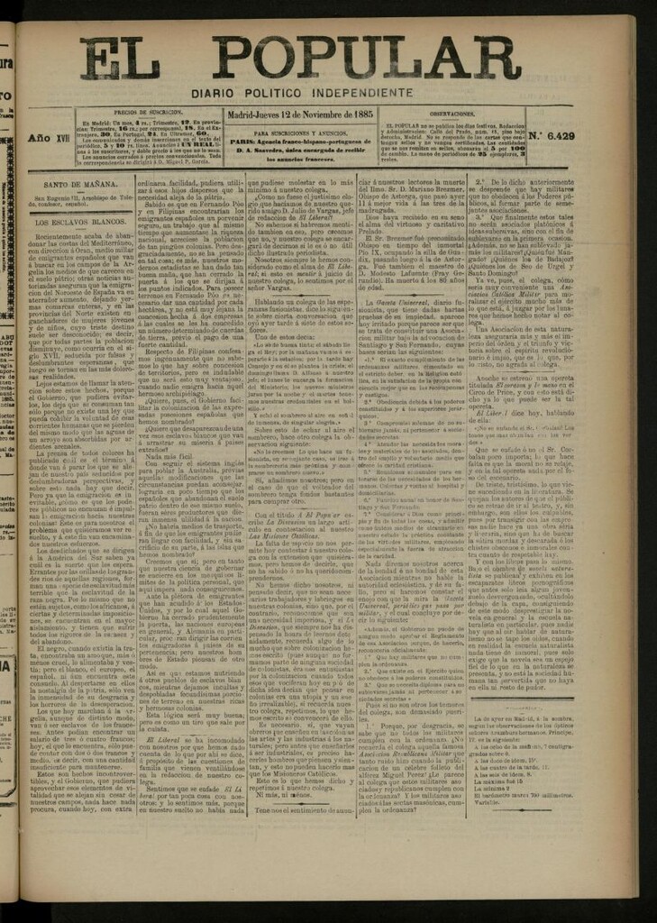 Miniatura de El Popular: diario independiente, político, literario y de noticias de interés general del 12 de noviembre de 1885, nº 6429