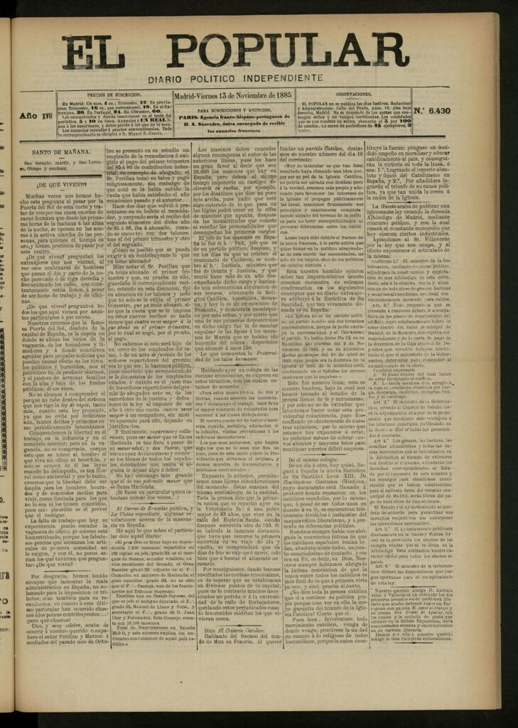 Miniatura de El Popular: diario independiente, político, literario y de noticias de interés general del 13 de noviembre de 1885, nº 6430