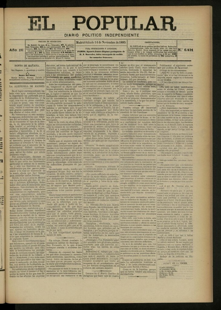 Miniatura de El Popular: diario independiente, político, literario y de noticias de interés general del 14 de noviembre de 1885, nº 6431