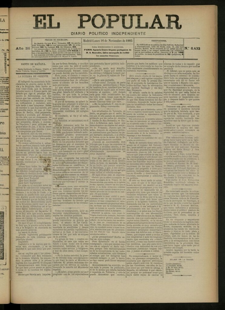 Miniatura de El Popular: diario independiente, político, literario y de noticias de interés general del 16 de noviembre de 1885, nº 6432