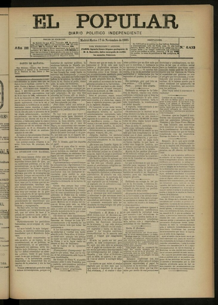 Miniatura de El Popular: diario independiente, político, literario y de noticias de interés general del 17 de noviembre de 1885, nº 6433