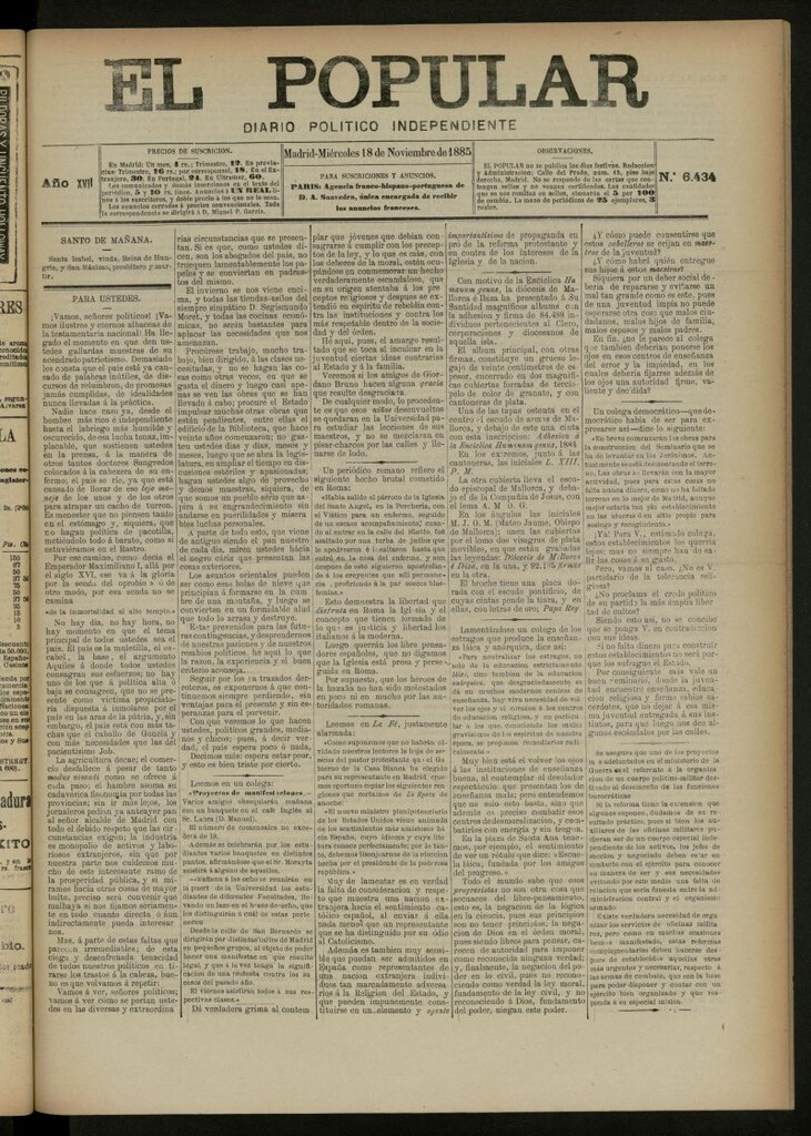 Miniatura de El Popular: diario independiente, político, literario y de noticias de interés general del 18 de noviembre de 1885, nº 6434
