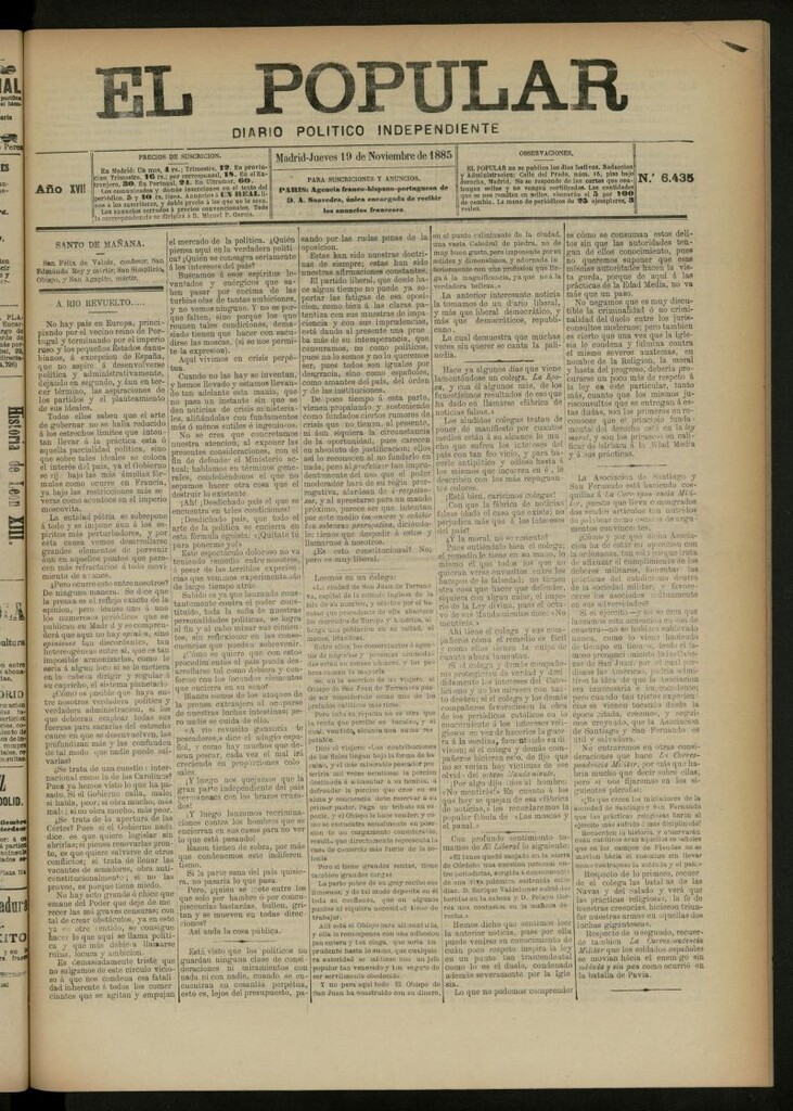 Miniatura de El Popular: diario independiente, político, literario y de noticias de interés general del 19 de noviembre de 1885, nº 6435