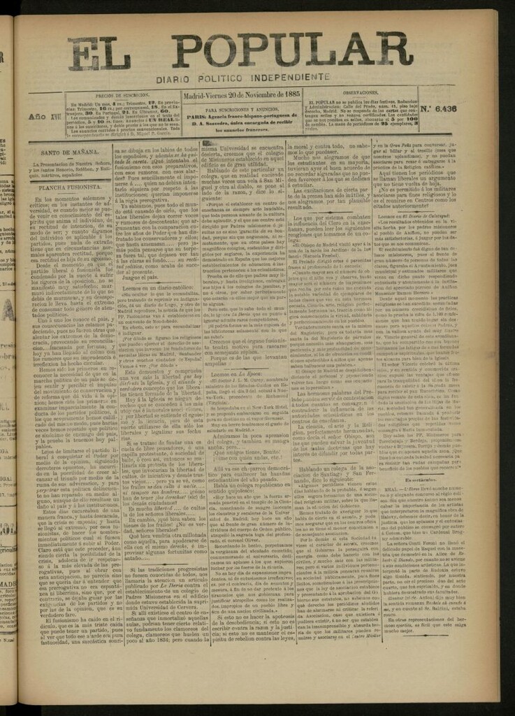 Miniatura de El Popular: diario independiente, político, literario y de noticias de interés general del 20 de noviembre de 1885, nº 6436