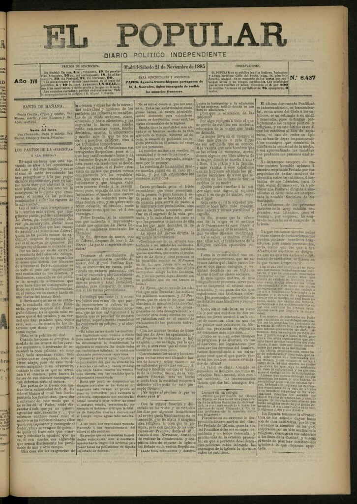 Miniatura de El Popular: diario independiente, político, literario y de noticias de interés general del 21 de noviembre de 1885, nº 6437