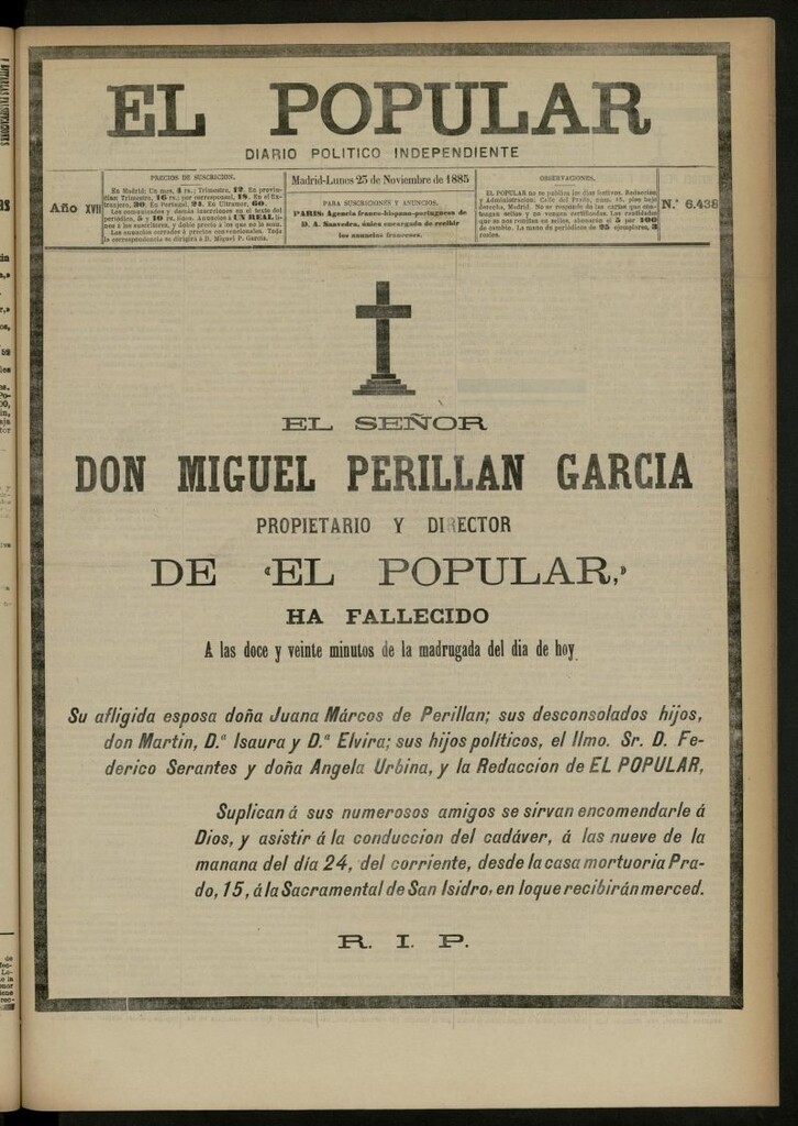 Miniatura de El Popular: diario independiente, político, literario y de noticias de interés general del 23 de noviembre de 1885, nº 6438
