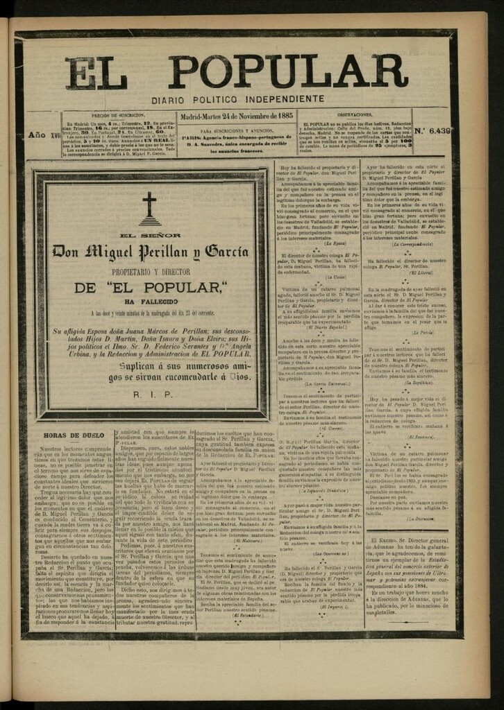 Miniatura de El Popular: diario independiente, político, literario y de noticias de interés general del 24 de noviembre de 1885, nº 6439