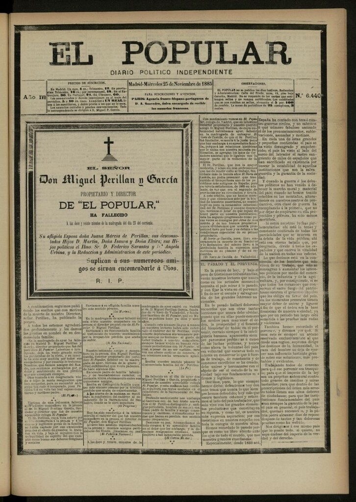 Miniatura de El Popular: diario independiente, político, literario y de noticias de interés general del 25 de noviembre de 1885, nº 6440