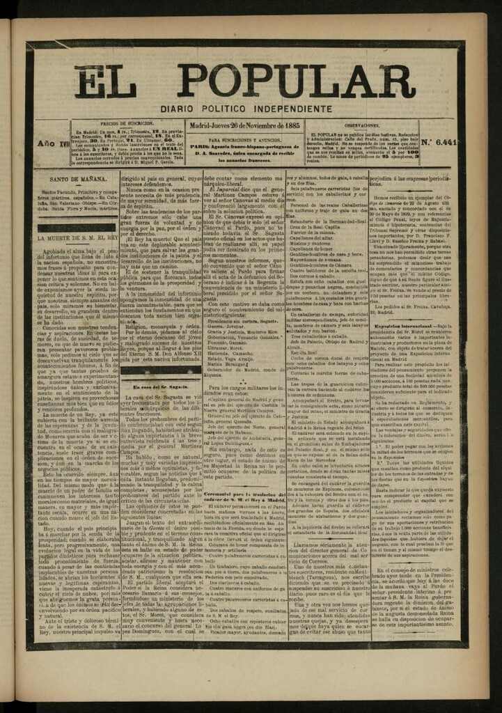 Miniatura de El Popular: diario independiente, político, literario y de noticias de interés general del 26 de noviembre de 1885, nº 6441