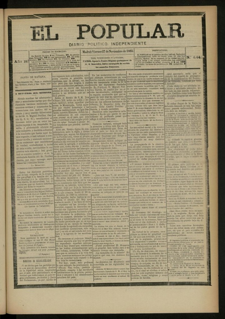 Miniatura de El Popular: diario independiente, político, literario y de noticias de interés general del 27 de noviembre de 1885, nº 6442