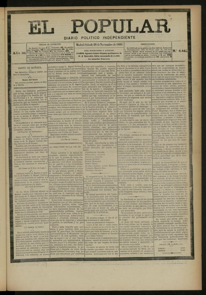 Miniatura de El Popular: diario independiente, político, literario y de noticias de interés general del 28 de noviembre de 1885, nº 6443