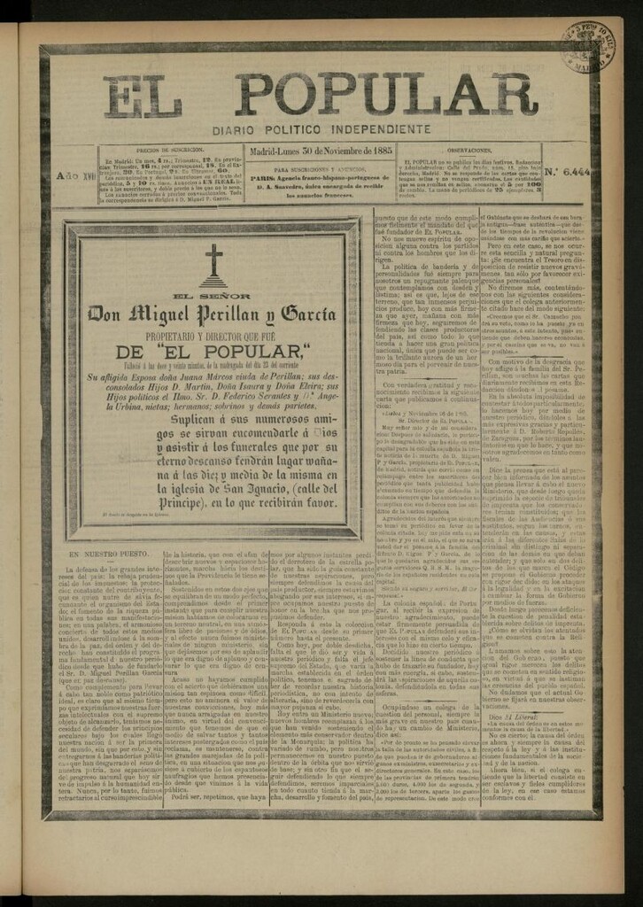 Miniatura de El Popular: diario independiente, político, literario y de noticias de interés general del 30 de noviembre de 1885, nº 6444