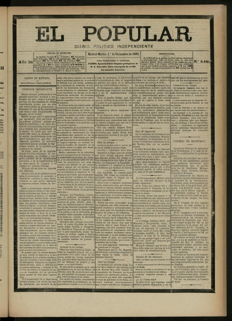 Miniatura de El Popular: diario independiente, político, literario y de noticias de interés general del 1 de diciembre de 1885, nº 6445