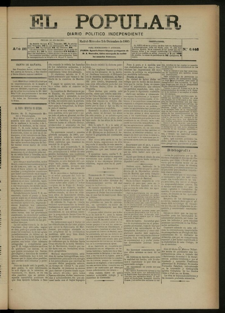 Miniatura de El Popular: diario independiente, político, literario y de noticias de interés general del 2 de diciembre de 1885, nº 6446