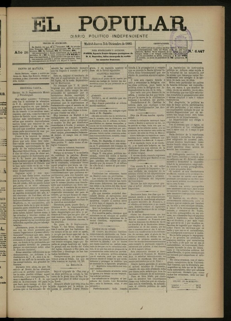 Miniatura de El Popular: diario independiente, político, literario y de noticias de interés general del 3 de diciembre de 1885, nº 6447