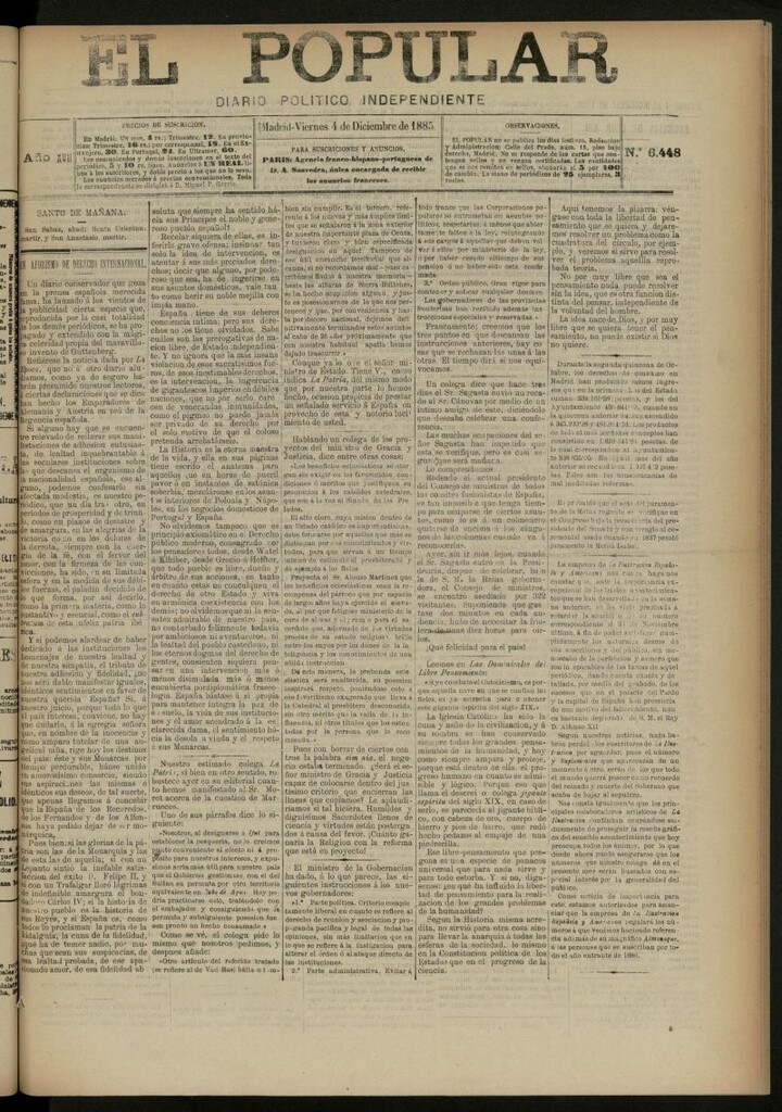 Miniatura de El Popular: diario independiente, político, literario y de noticias de interés general del 4 de diciembre de 1885, nº 6448